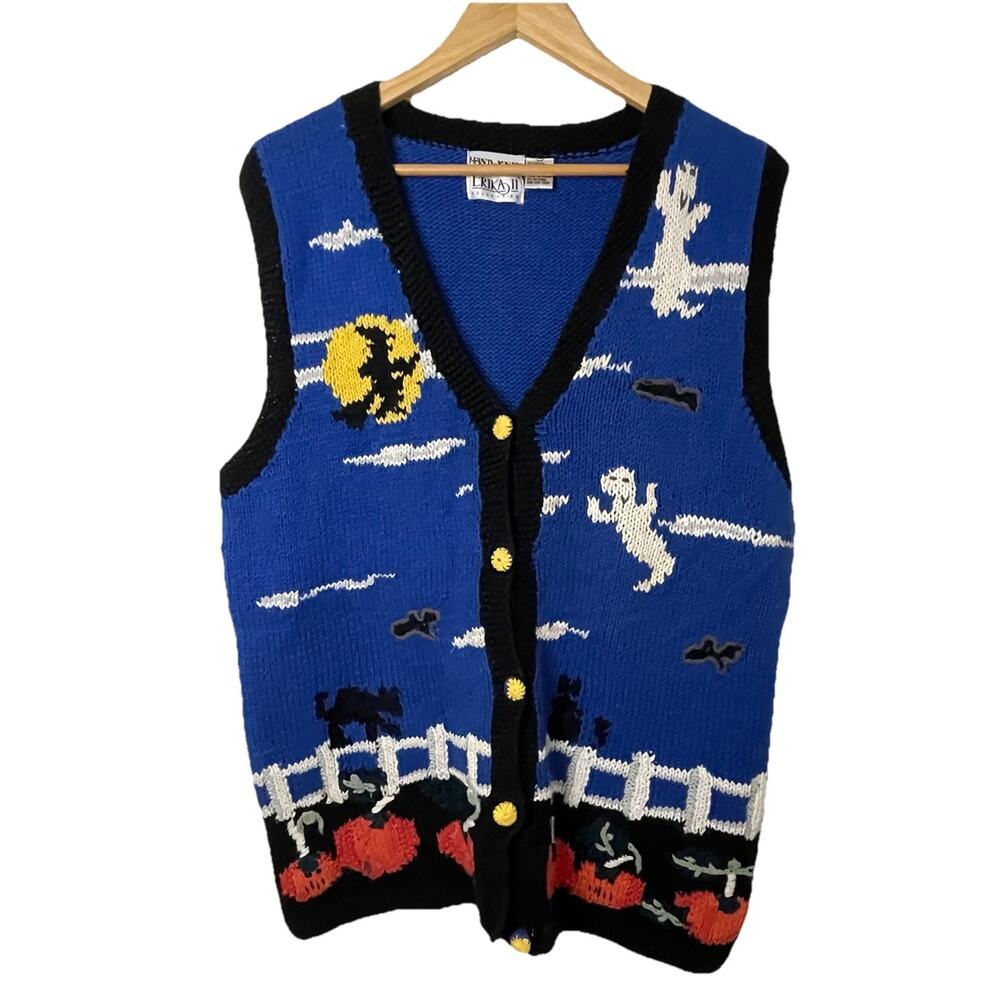 VTG 80s Erika Hand Knit Halloween Sweater Vest School Teacher Size-XL , 2XL